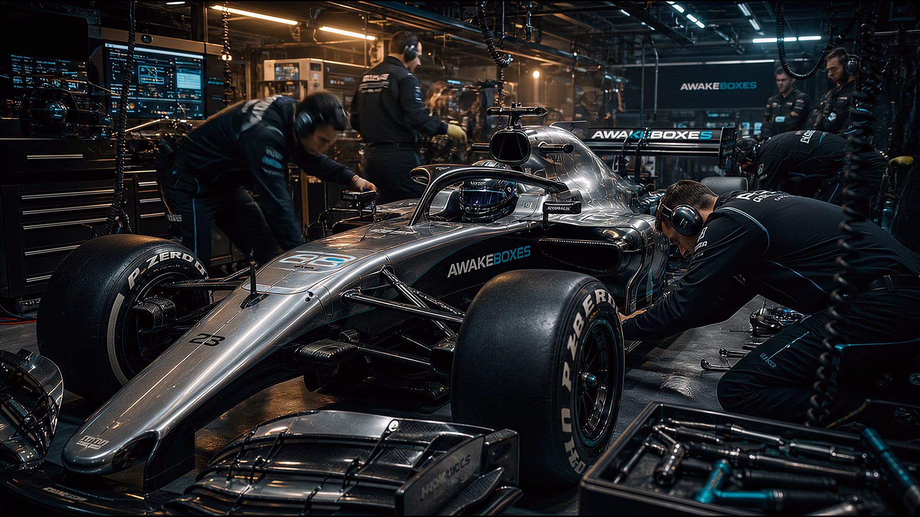 Un ingeniero del equipo de boxes ajusta el coche con el piloto al volante